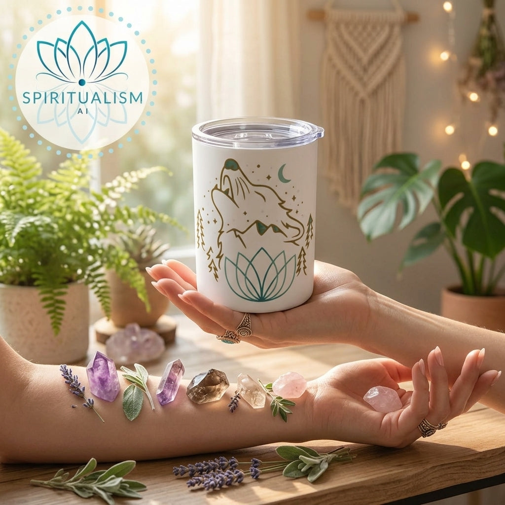Celestial Wolf White Tumbler | Moon Wolf Cup | Spiritualism AI