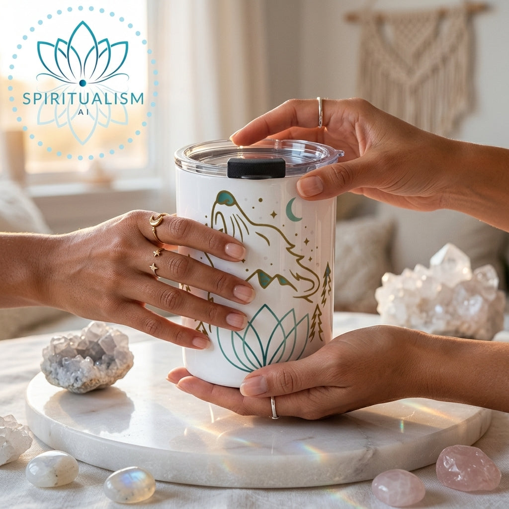 Celestial Wolf White Tumbler | Moon Wolf Cup | Spiritualism AI