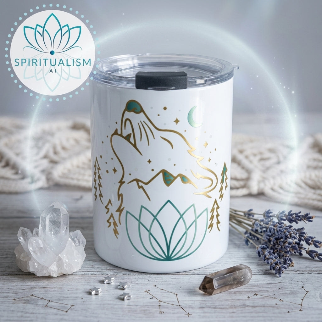 Celestial Wolf White Tumbler | Moon Wolf Cup | Spiritualism AI