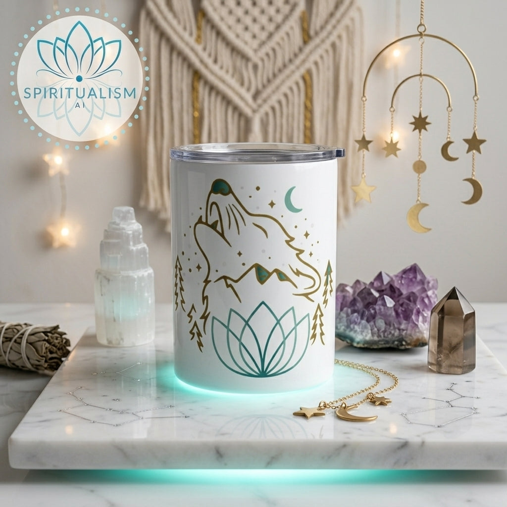 Celestial Wolf White Tumbler | Moon Wolf Cup | Spiritualism AI