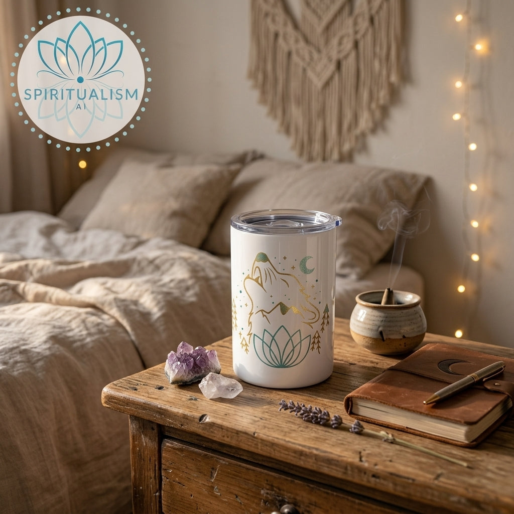 Celestial Wolf White Tumbler | Moon Wolf Cup | Spiritualism AI