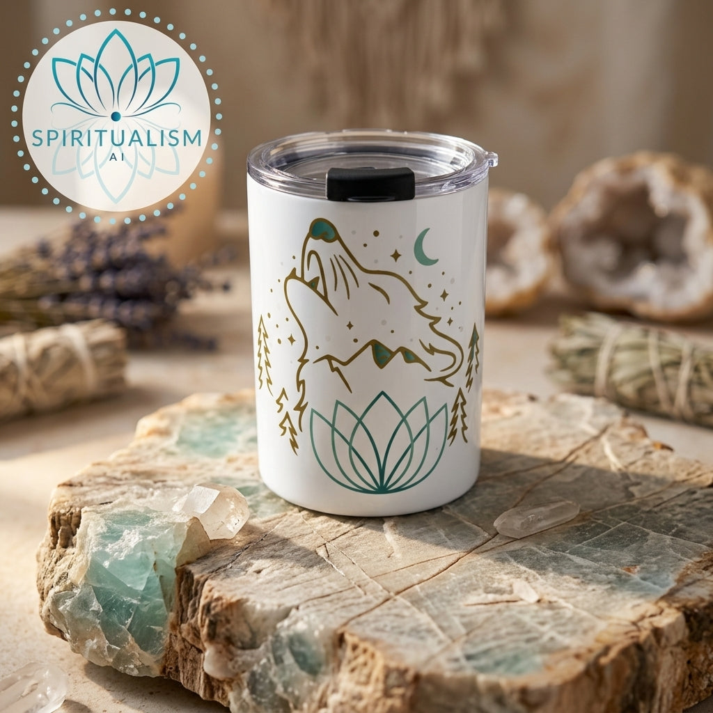 Celestial Wolf White Tumbler | Moon Wolf Cup | Spiritualism AI