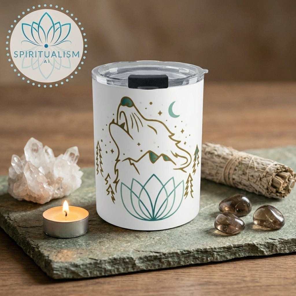 Celestial Wolf White Tumbler | Moon Wolf Cup | Spiritualism AI