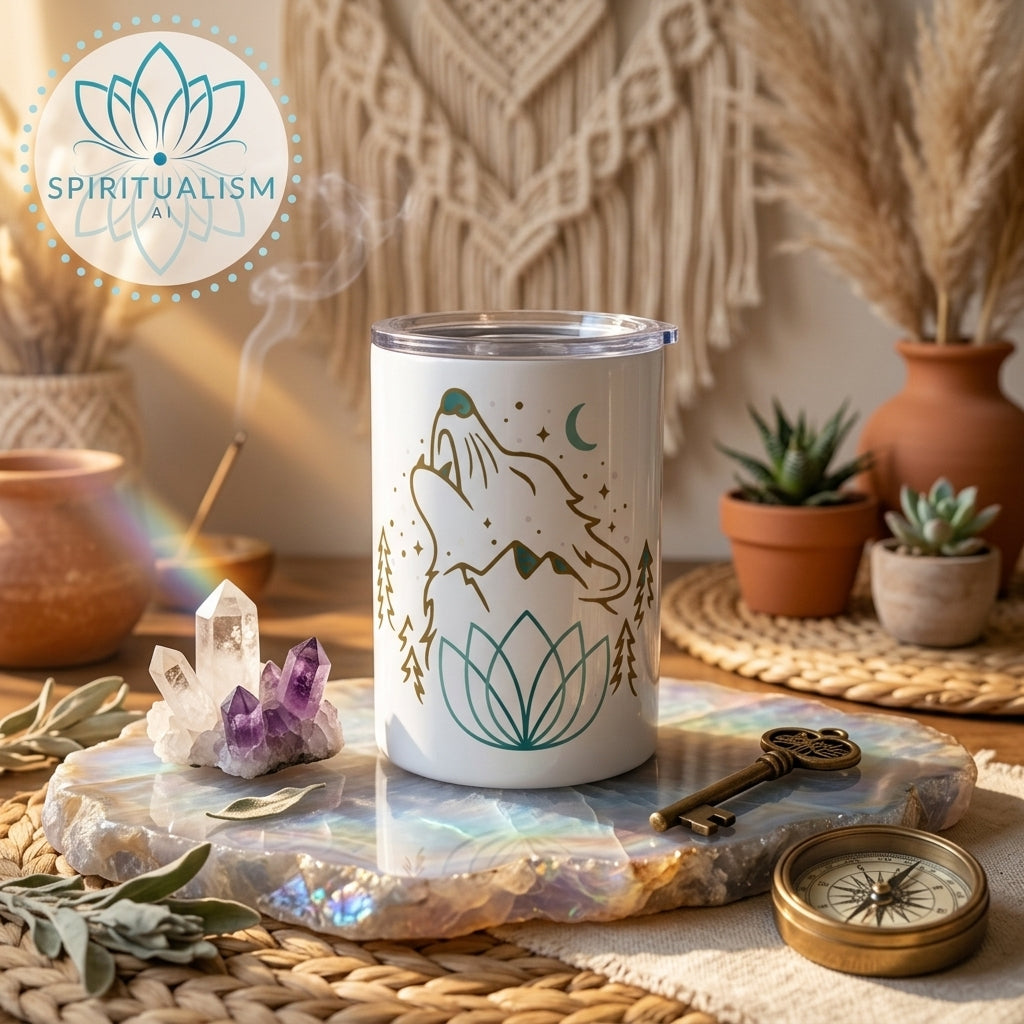 Celestial Wolf White Tumbler | Moon Wolf Cup | Spiritualism AI