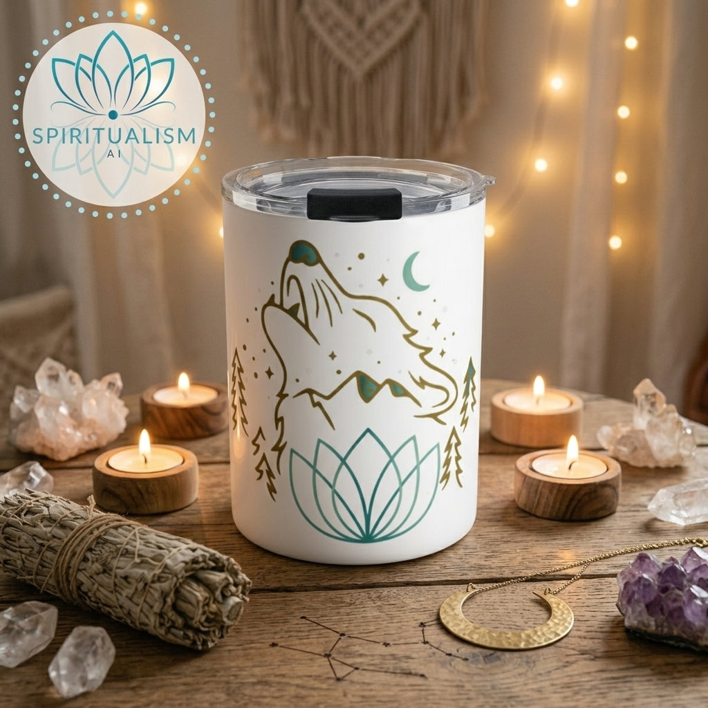 Celestial Wolf White Tumbler | Moon Wolf Cup | Spiritualism AI