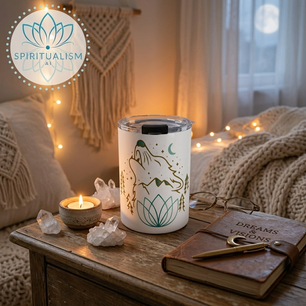 Celestial Wolf White Tumbler | Moon Wolf Cup | Spiritualism AI