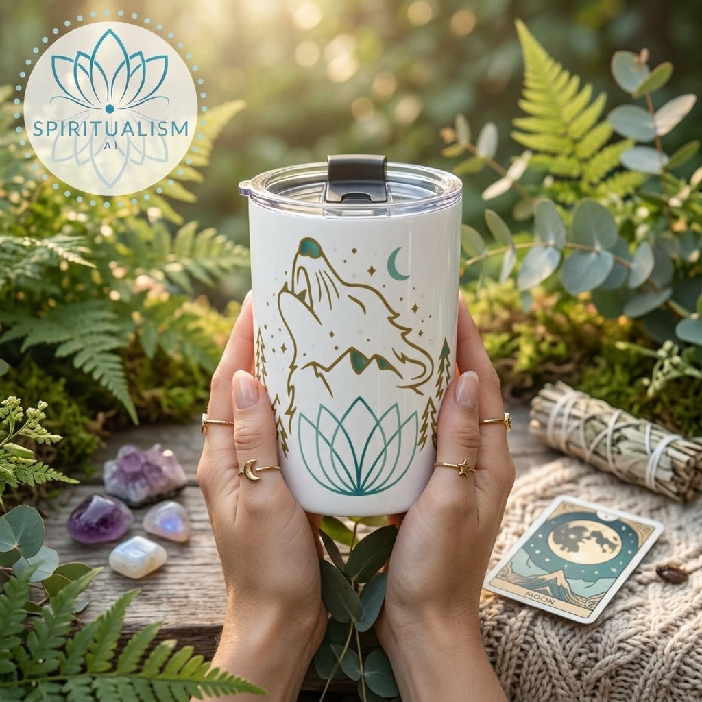 Celestial Wolf White Tumbler | Moon Wolf Cup | Spiritualism AI