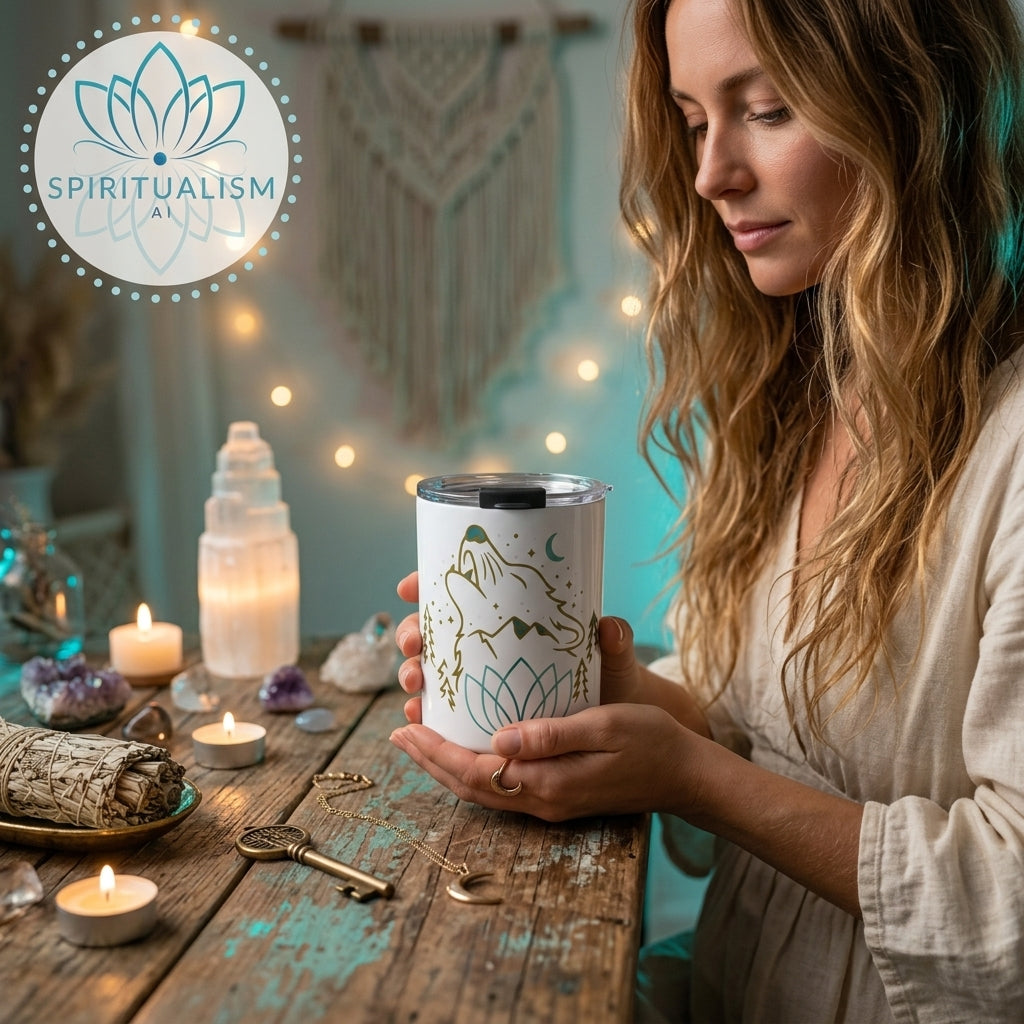 Celestial Wolf White Tumbler | Moon Wolf Cup | Spiritualism AI