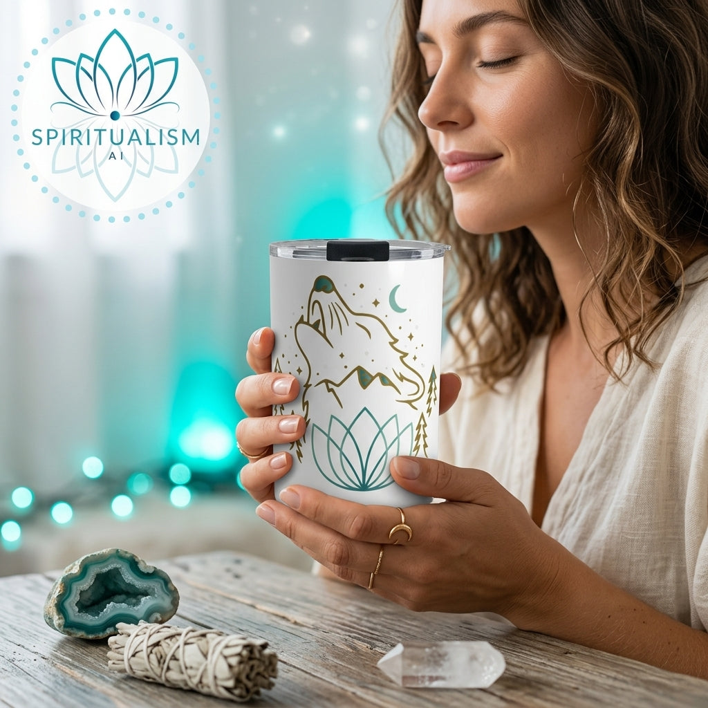 Celestial Wolf White Tumbler | Moon Wolf Cup | Spiritualism AI