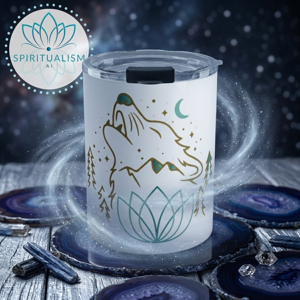 Celestial Wolf White Tumbler | Moon Wolf Cup | Spiritualism AI
