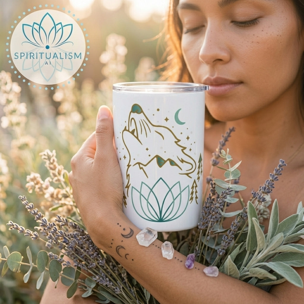 Celestial Wolf White Tumbler | Moon Wolf Cup | Spiritualism AI