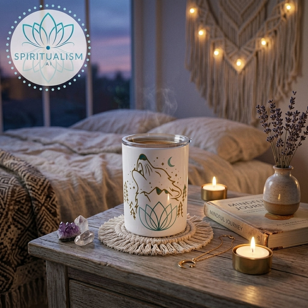 Celestial Wolf White Tumbler | Moon Wolf Cup | Spiritualism AI