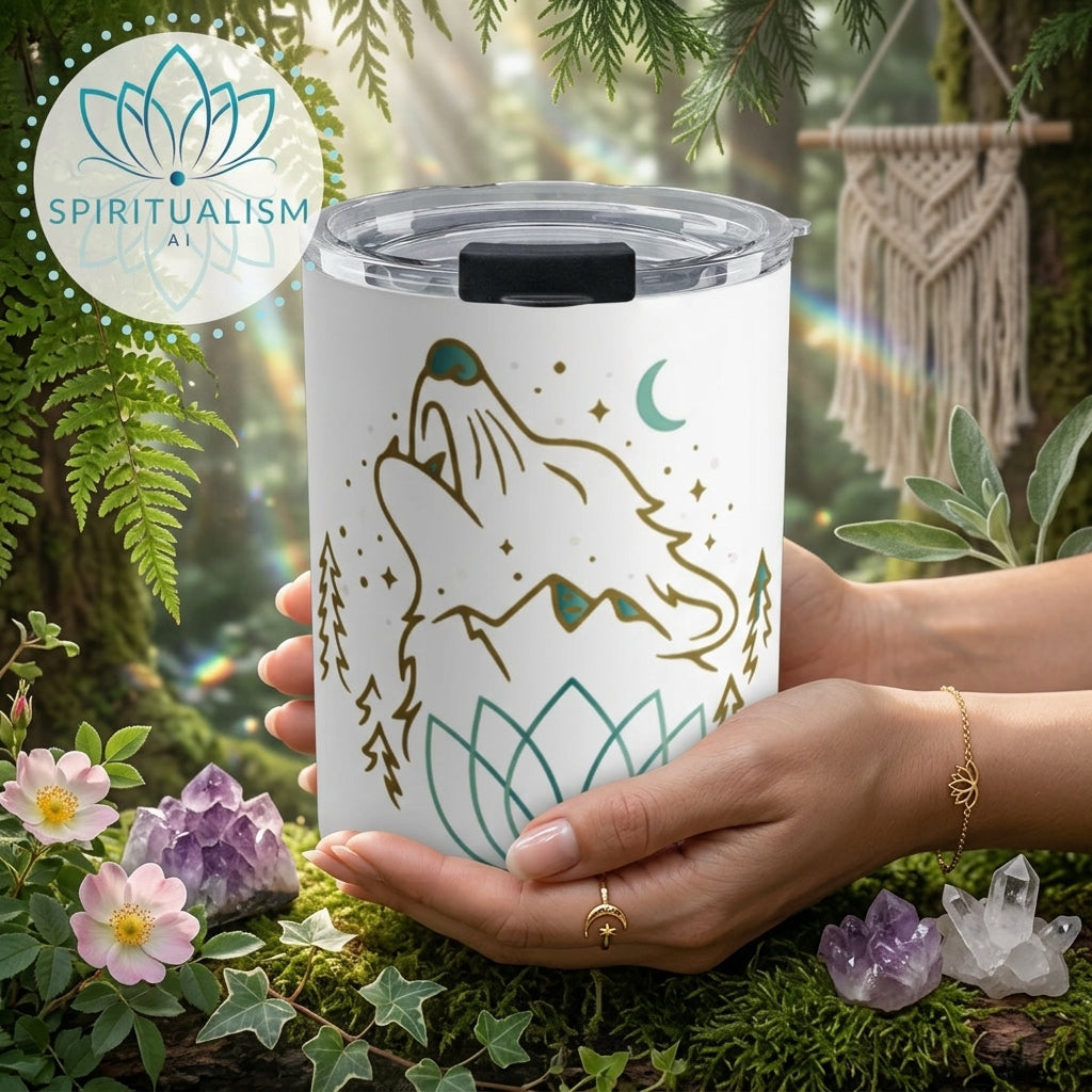 Celestial Wolf White Tumbler | Moon Wolf Cup | Spiritualism AI