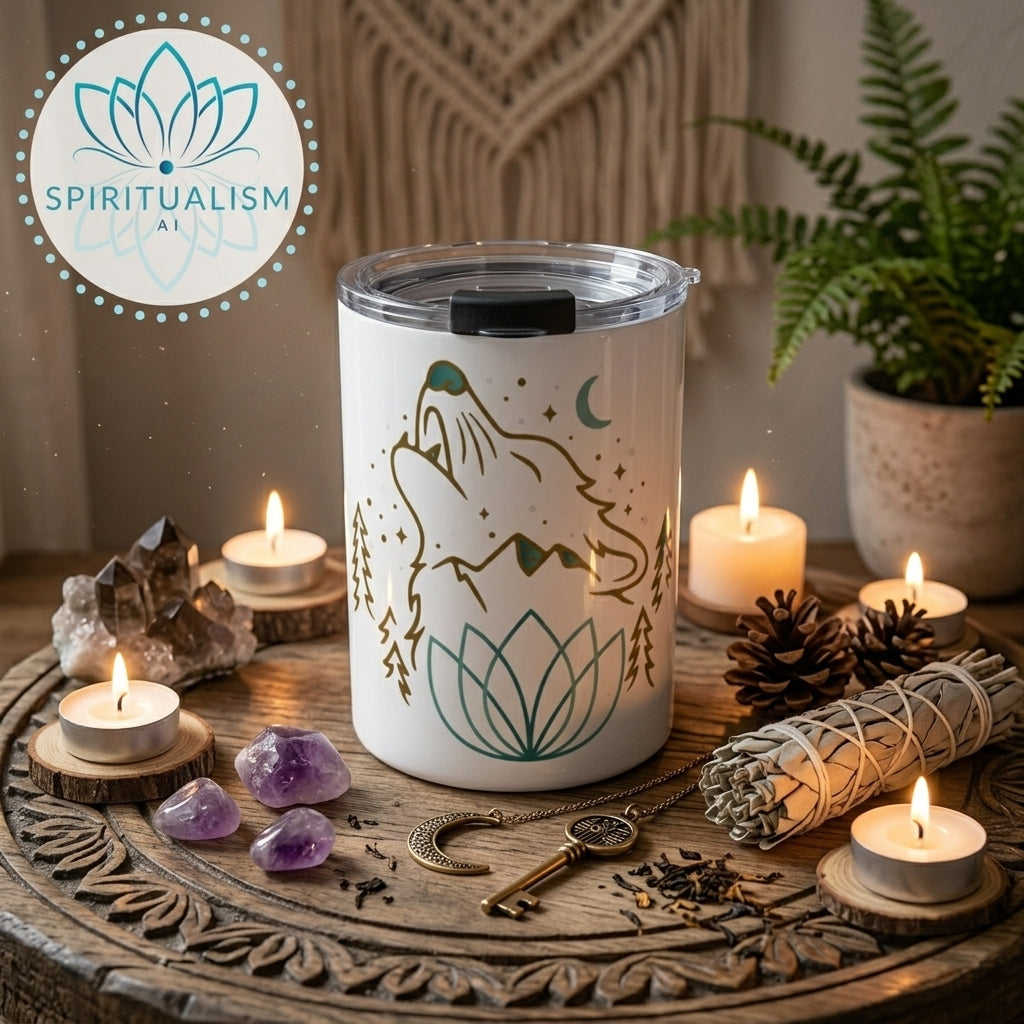 Celestial Wolf White Tumbler | Moon Wolf Cup | Spiritualism AI