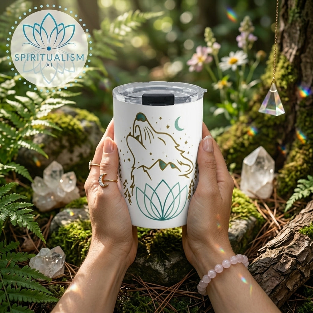 Celestial Wolf White Tumbler | Moon Wolf Cup | Spiritualism AI