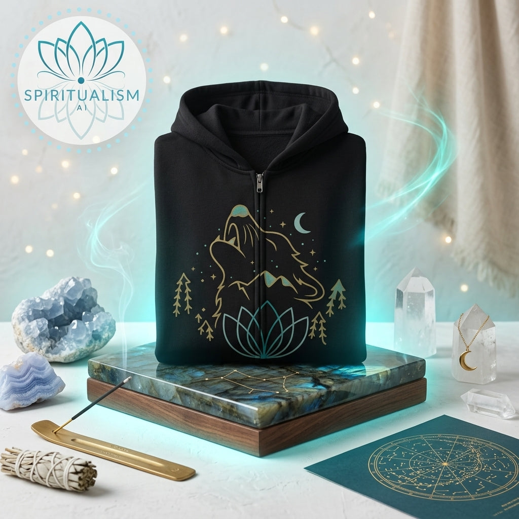 Celestial Wolf Zip Hoodie | Moon Wolf Jacket | Spiritualism AI