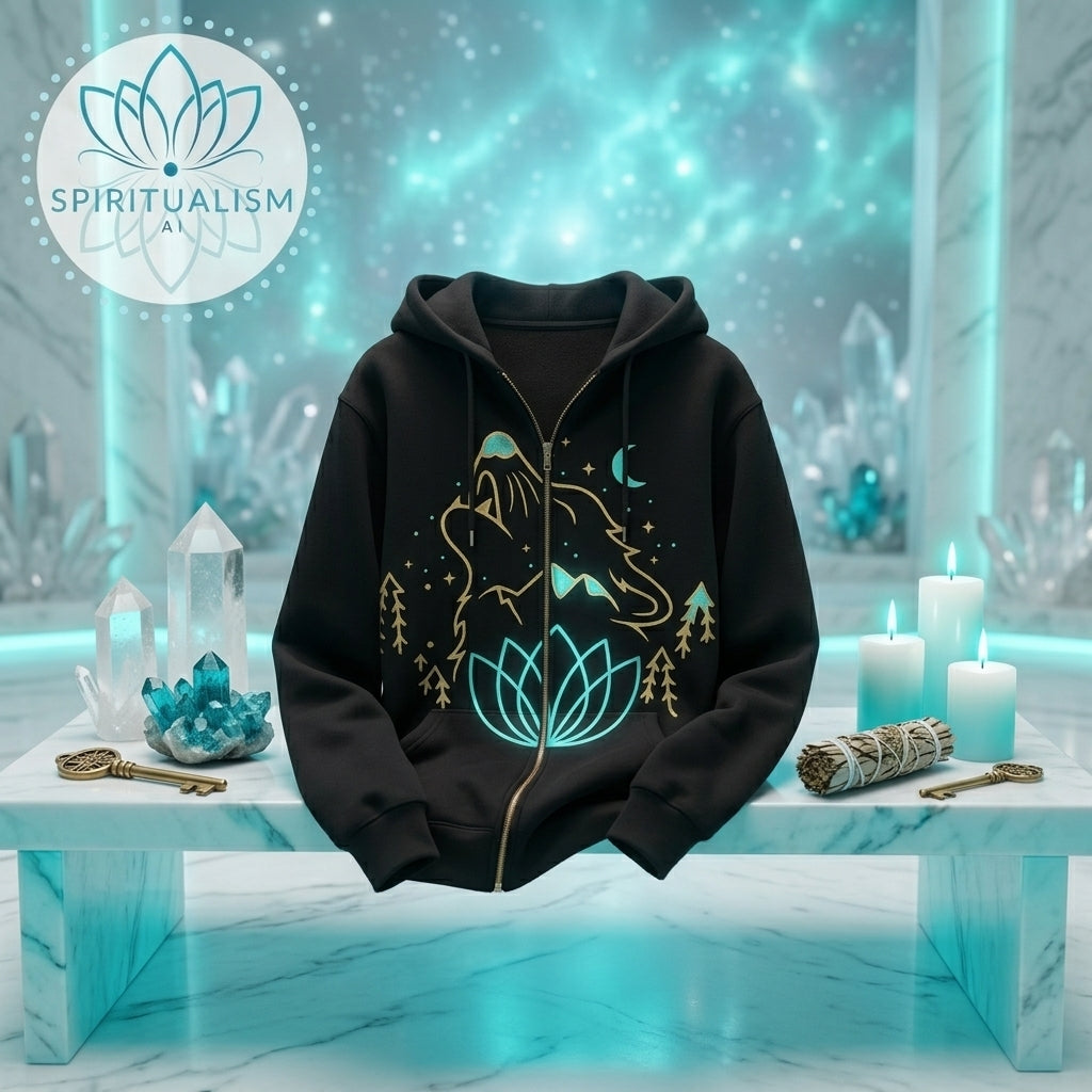 Celestial Wolf Zip Hoodie | Moon Wolf Jacket | Spiritualism AI