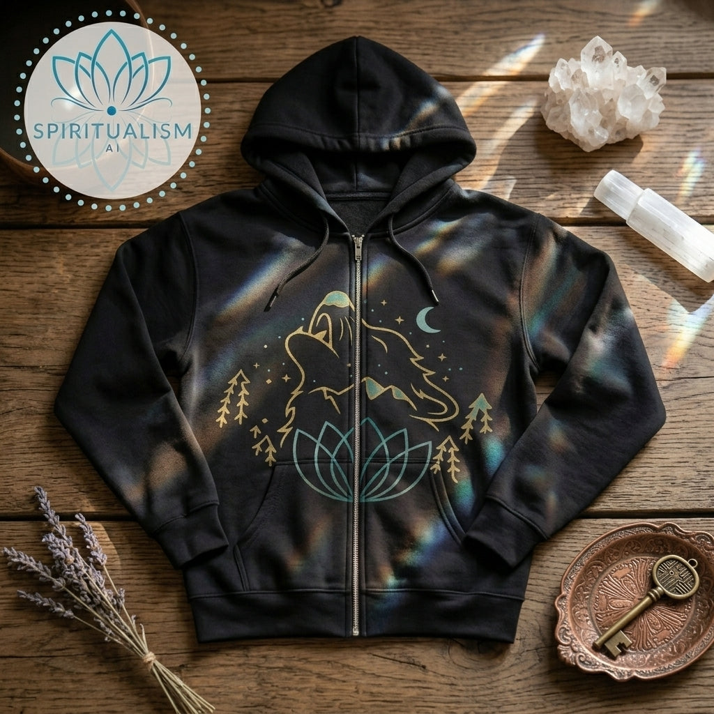 Celestial Wolf Zip Hoodie | Moon Wolf Jacket | Spiritualism AI