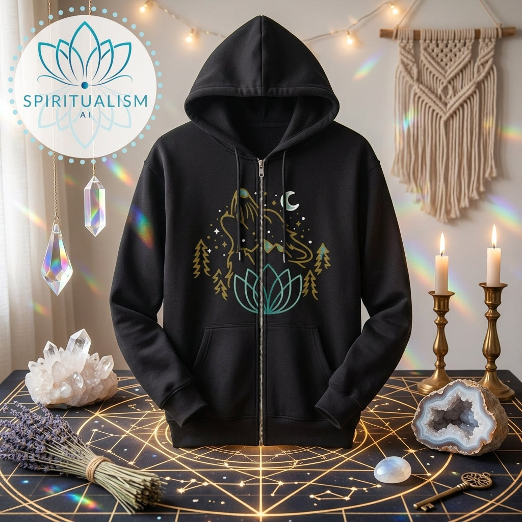 Celestial Wolf Zip Hoodie | Moon Wolf Jacket | Spiritualism AI