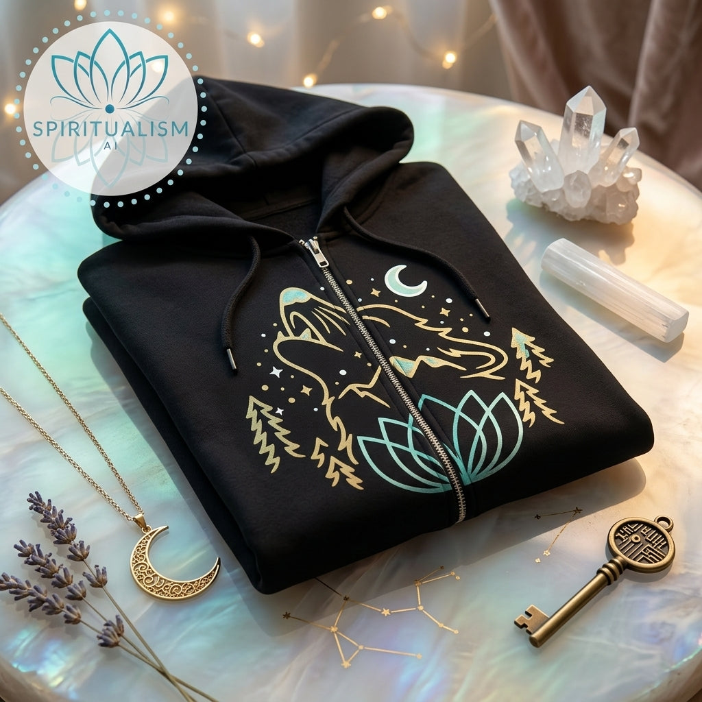Celestial Wolf Zip Hoodie | Moon Wolf Jacket | Spiritualism AI