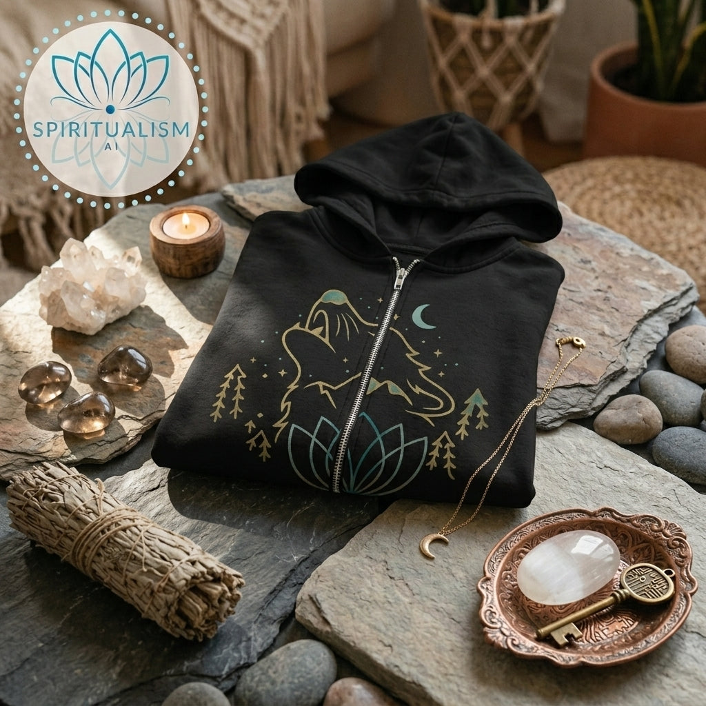 Celestial Wolf Zip Hoodie | Moon Wolf Jacket | Spiritualism AI