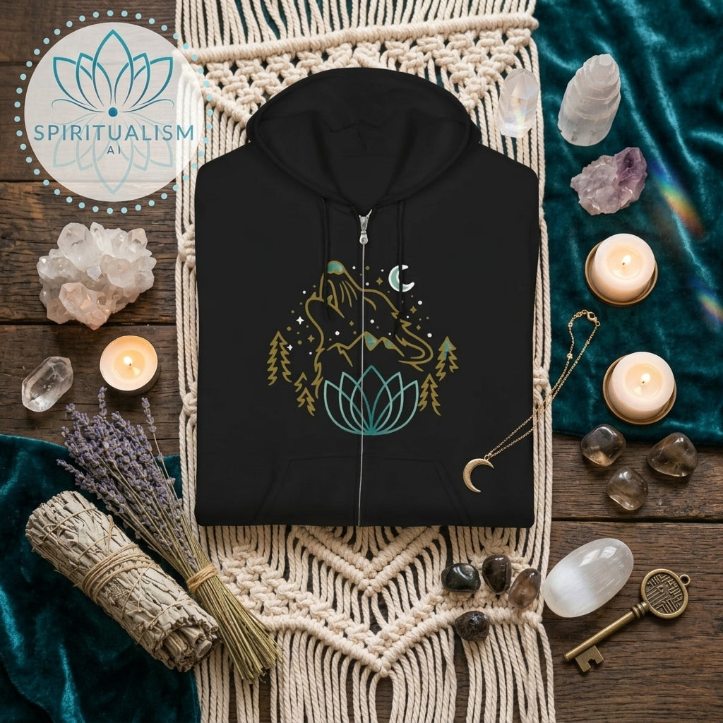 Celestial Wolf Zip Hoodie | Moon Wolf Jacket | Spiritualism AI