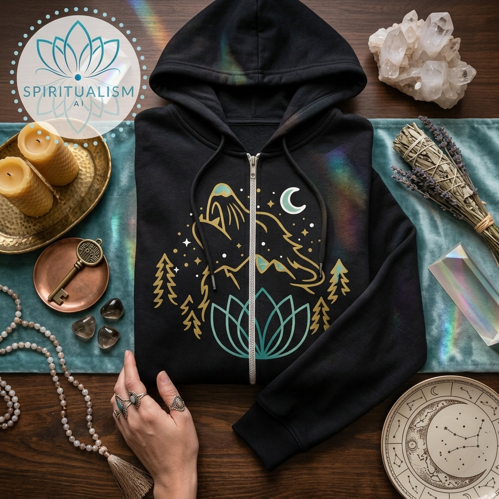 Celestial Wolf Zip Hoodie | Moon Wolf Jacket | Spiritualism AI
