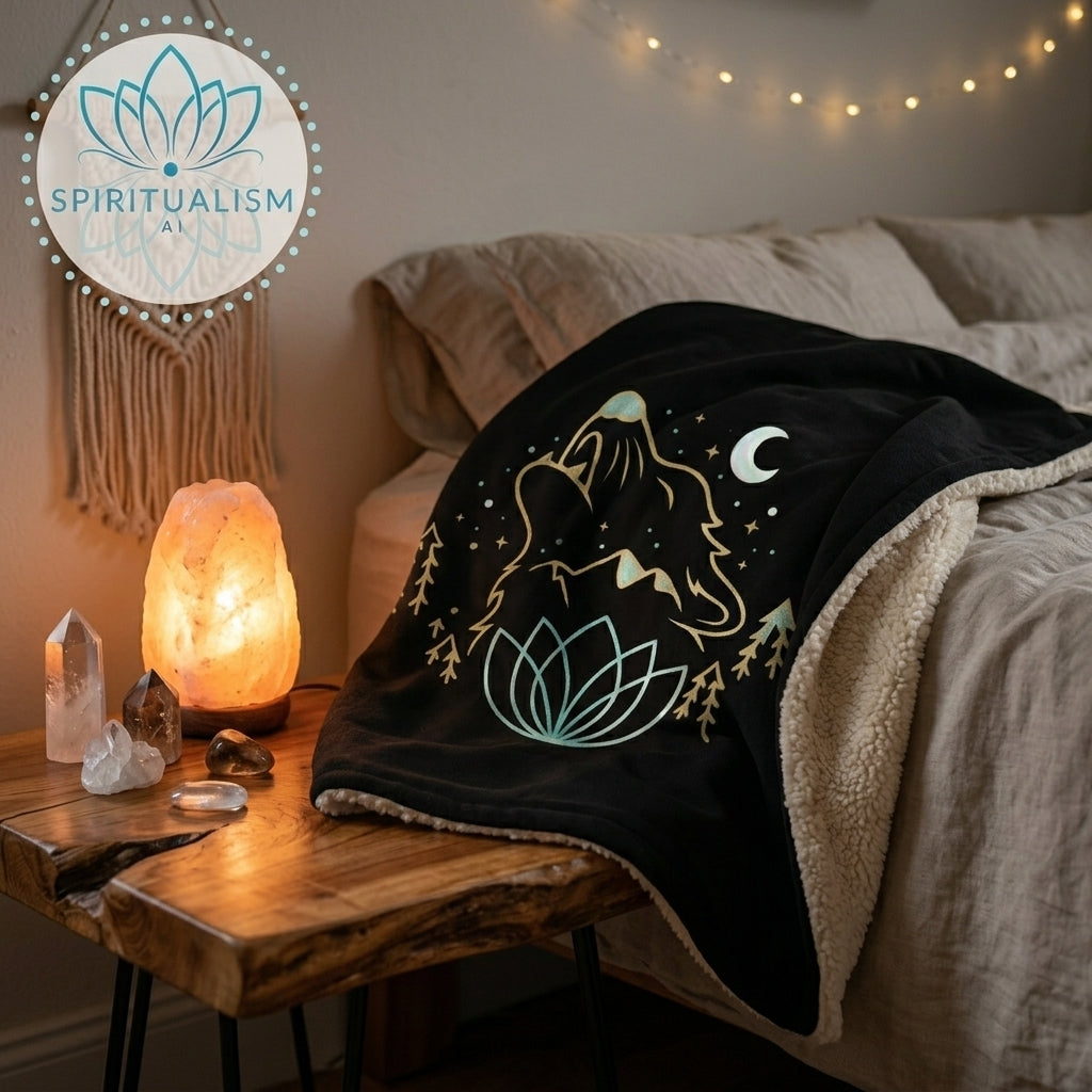 Celestial Wolf Sherpa Blanket | Moon Wolf Cozy Throw | Spiritualism AI