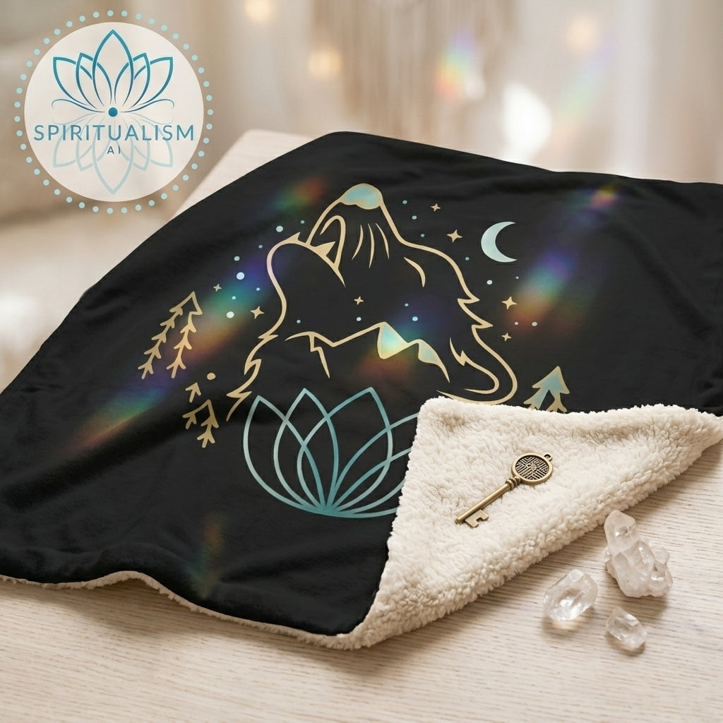 Celestial Wolf Sherpa Blanket | Moon Wolf Cozy Throw | Spiritualism AI