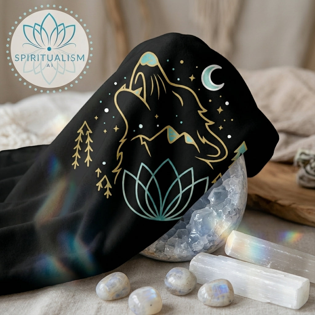 Celestial Wolf Sherpa Blanket | Moon Wolf Cozy Throw | Spiritualism AI