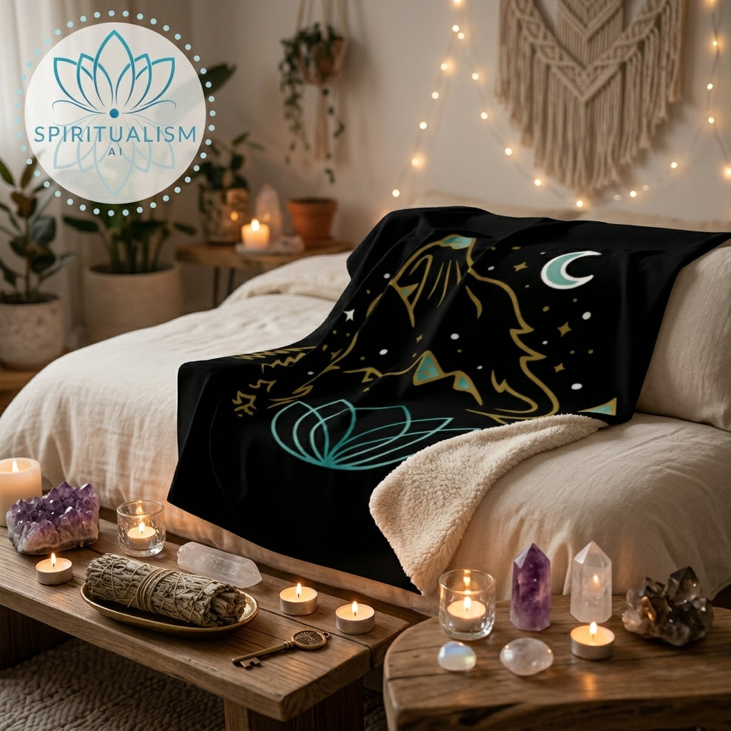 Celestial Wolf Sherpa Blanket | Moon Wolf Cozy Throw | Spiritualism AI