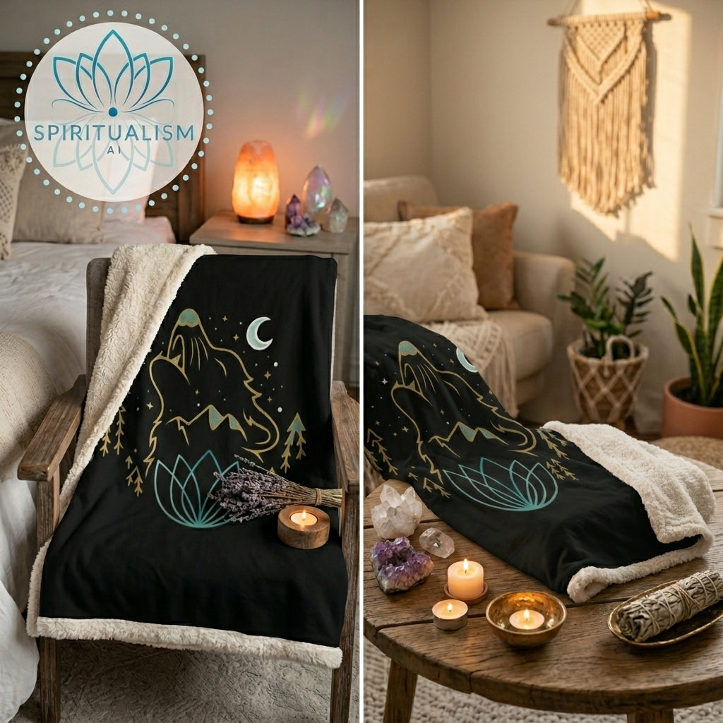 Celestial Wolf Sherpa Blanket | Moon Wolf Cozy Throw | Spiritualism AI