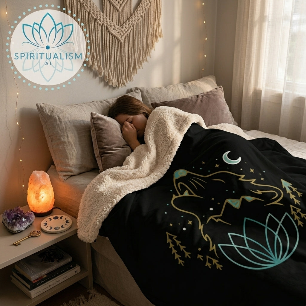 Celestial Wolf Sherpa Blanket | Moon Wolf Cozy Throw | Spiritualism AI
