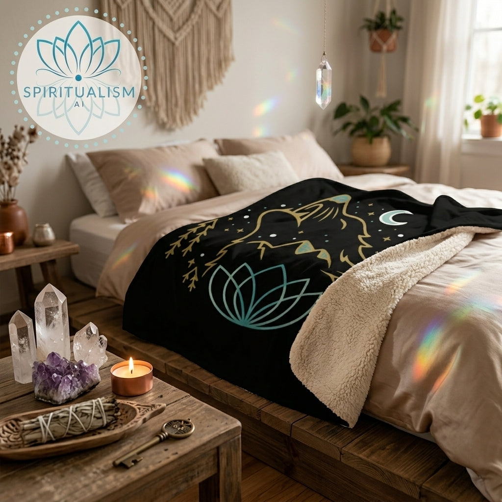 Celestial Wolf Sherpa Blanket | Moon Wolf Cozy Throw | Spiritualism AI