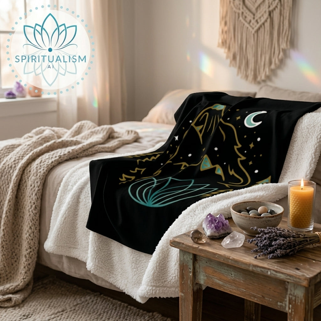 Celestial Wolf Sherpa Blanket | Moon Wolf Cozy Throw | Spiritualism AI