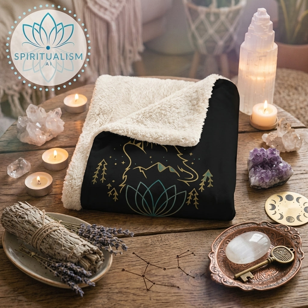 Celestial Wolf Sherpa Blanket | Moon Wolf Cozy Throw | Spiritualism AI