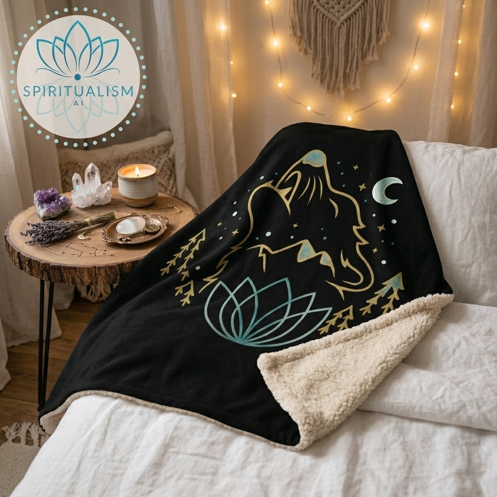 Celestial Wolf Sherpa Blanket | Moon Wolf Cozy Throw | Spiritualism AI