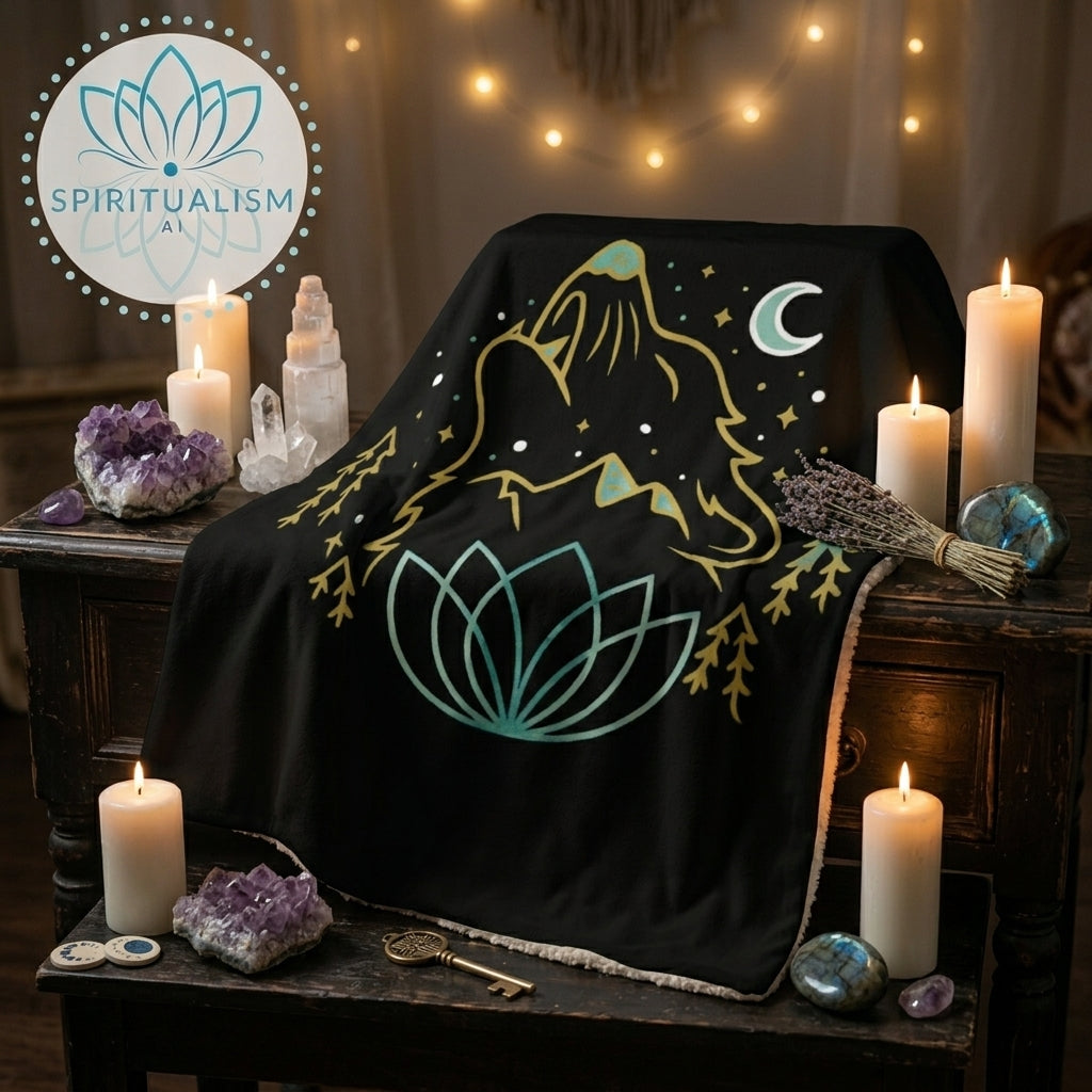 Celestial Wolf Sherpa Blanket | Moon Wolf Cozy Throw | Spiritualism AI