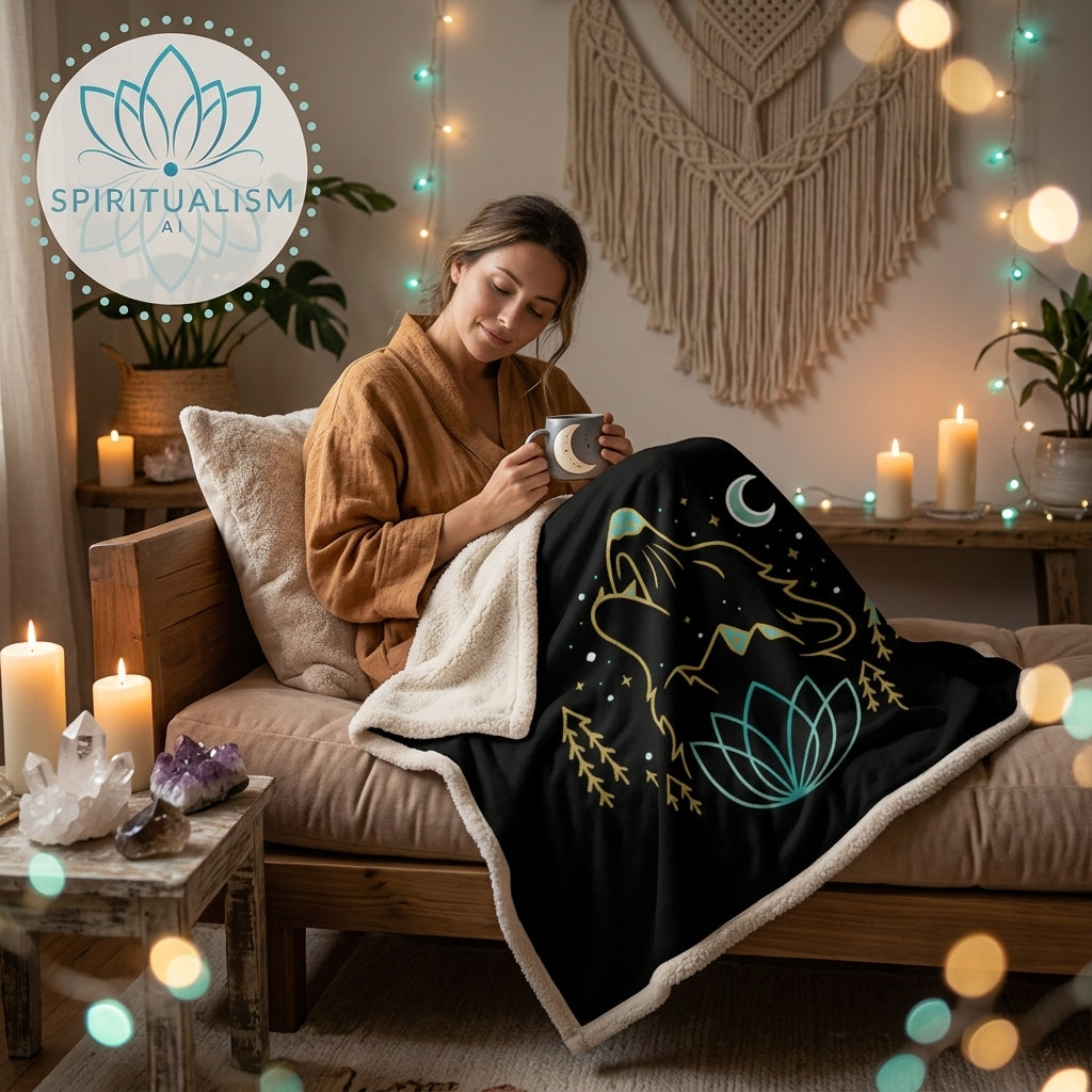 Celestial Wolf Sherpa Blanket | Moon Wolf Cozy Throw | Spiritualism AI