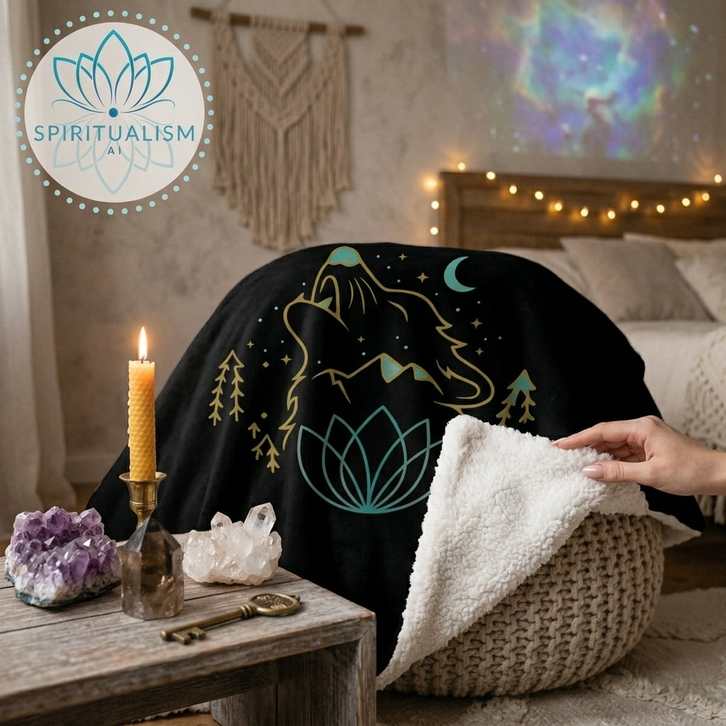 Celestial Wolf Sherpa Blanket | Moon Wolf Cozy Throw | Spiritualism AI