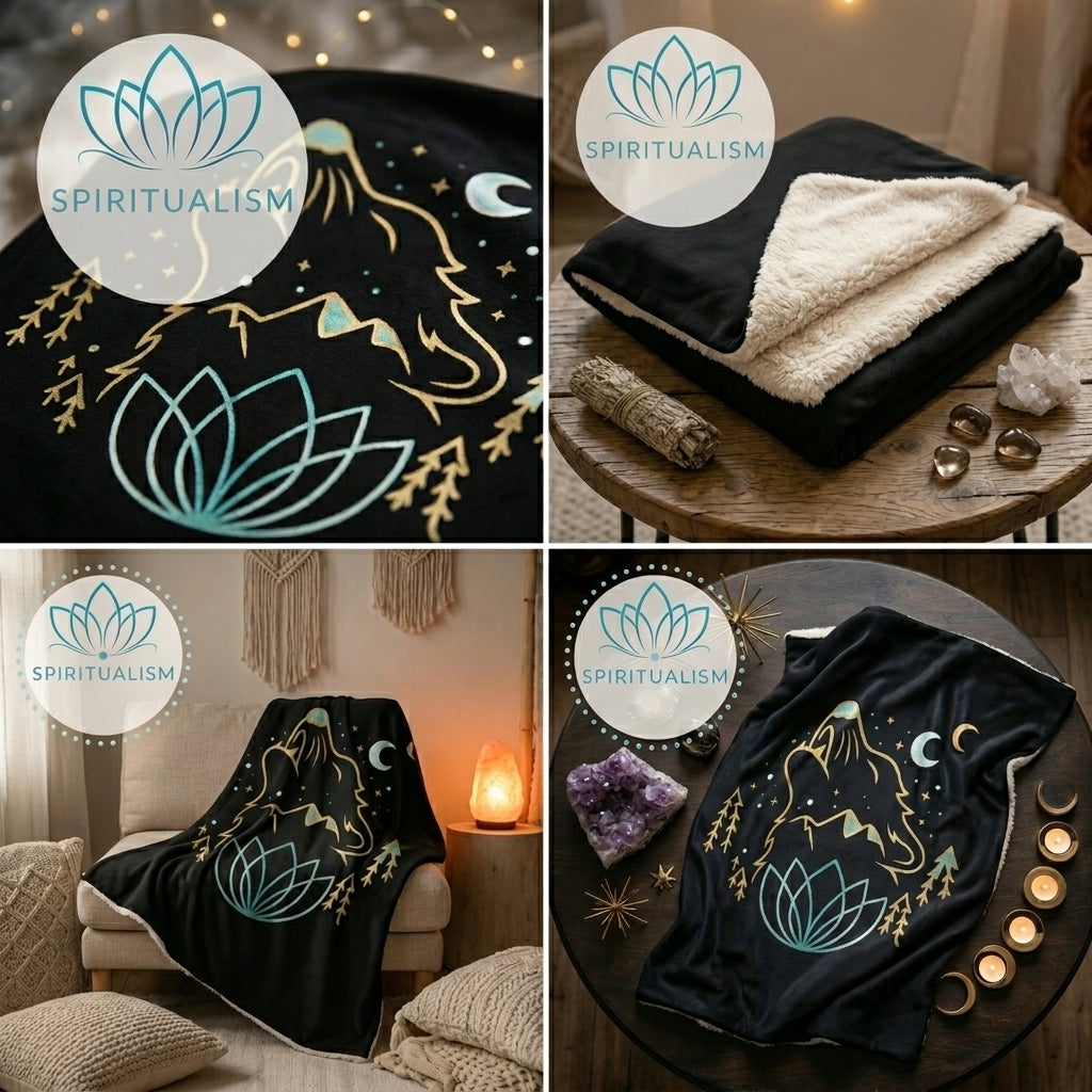 Celestial Wolf Sherpa Blanket | Moon Wolf Cozy Throw | Spiritualism AI