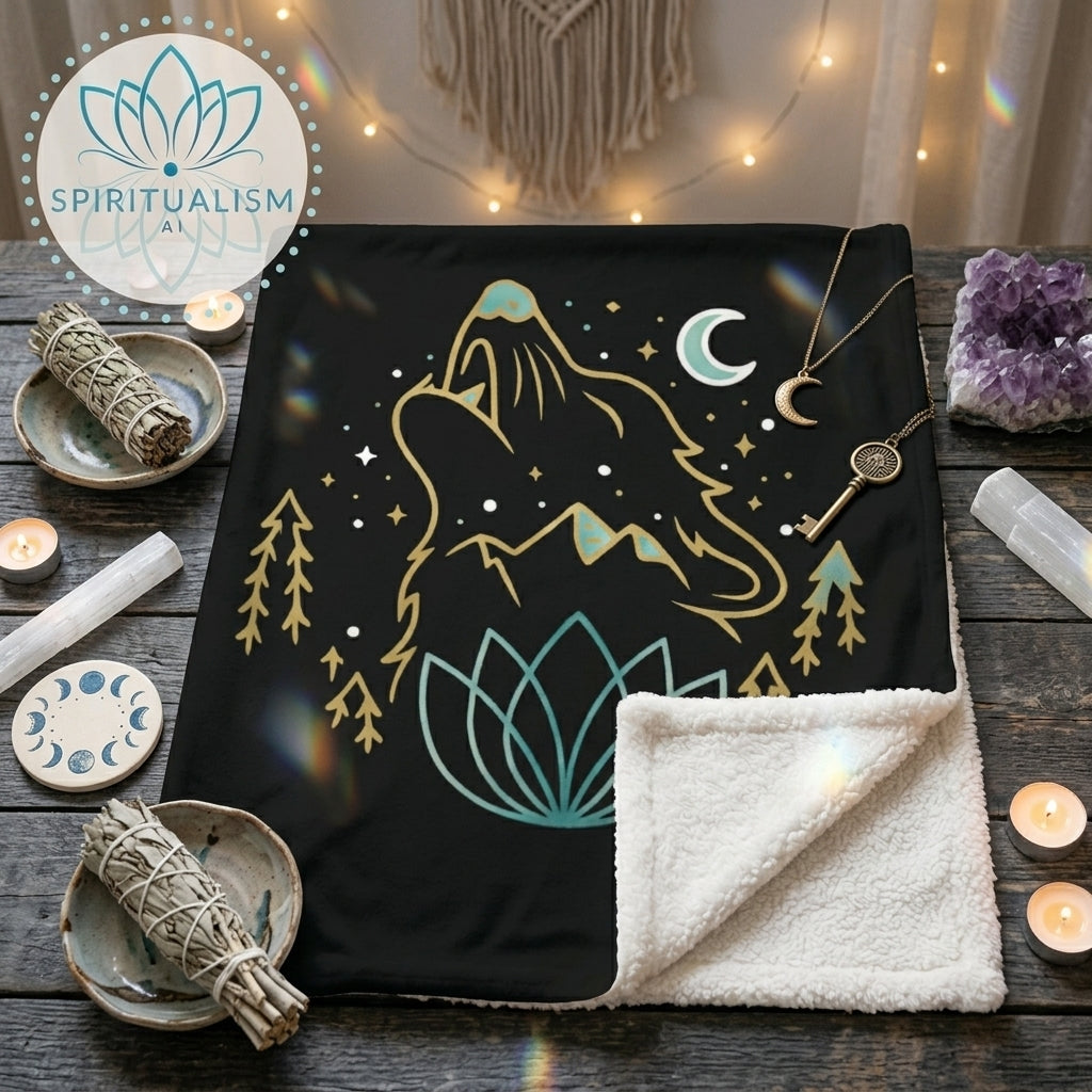 Celestial Wolf Sherpa Blanket | Moon Wolf Cozy Throw | Spiritualism AI