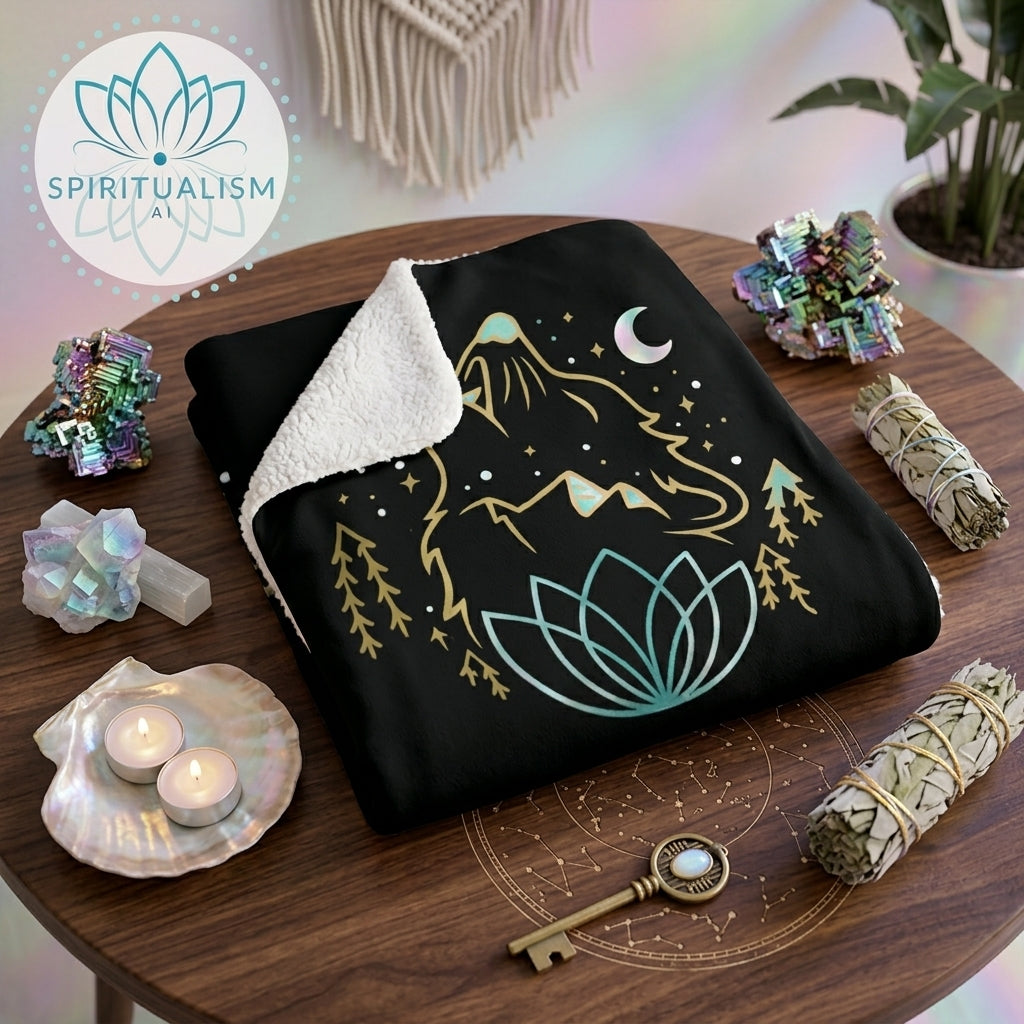 Celestial Wolf Sherpa Blanket | Moon Wolf Cozy Throw | Spiritualism AI