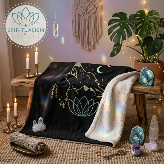 Celestial Wolf Sherpa Blanket | Moon Wolf Cozy Throw | Spiritualism AI