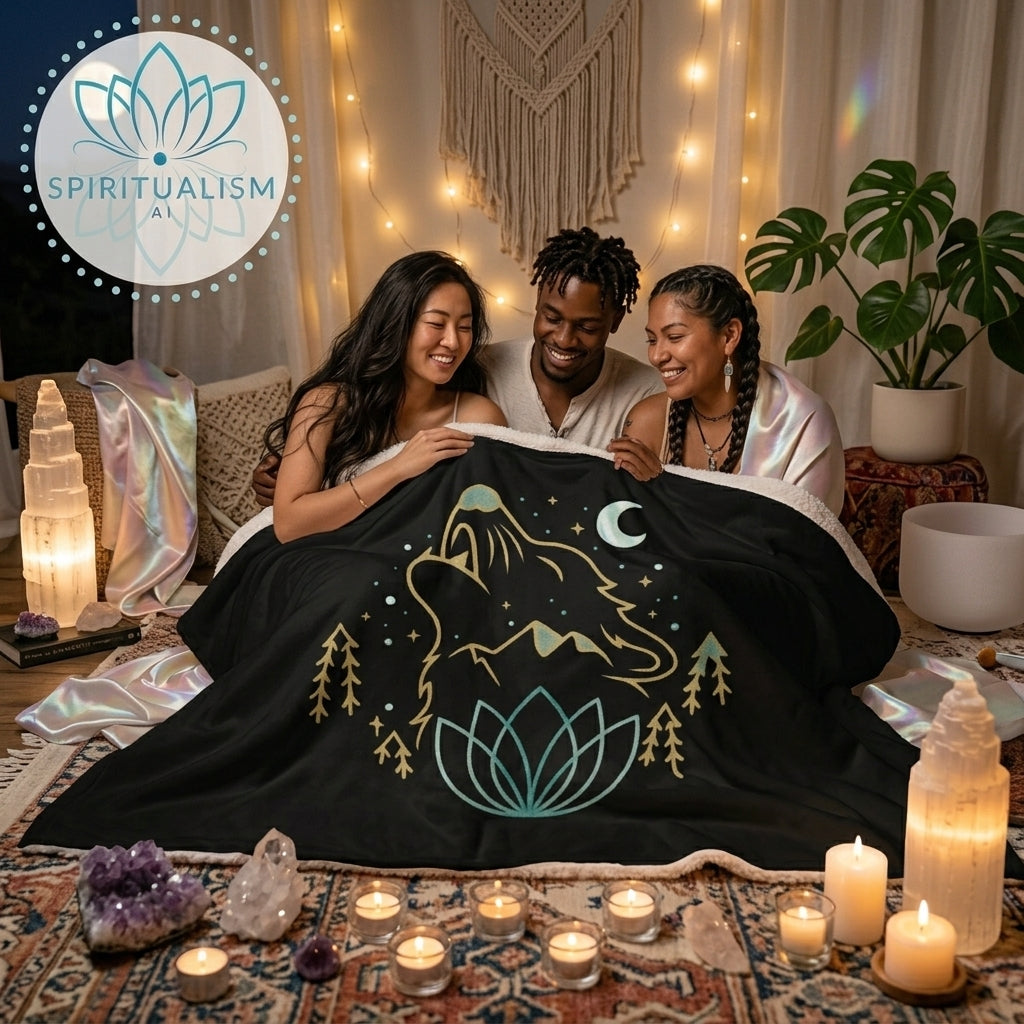 Celestial Wolf Sherpa Blanket | Moon Wolf Cozy Throw | Spiritualism AI