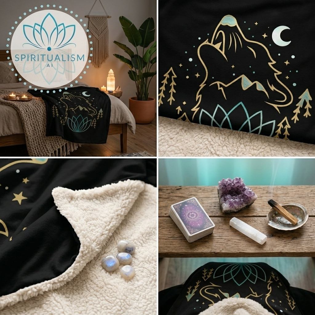 Celestial Wolf Sherpa Blanket | Moon Wolf Cozy Throw | Spiritualism AI