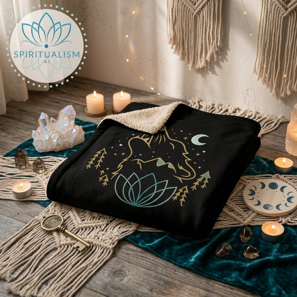 Celestial Wolf Sherpa Blanket | Moon Wolf Cozy Throw | Spiritualism AI