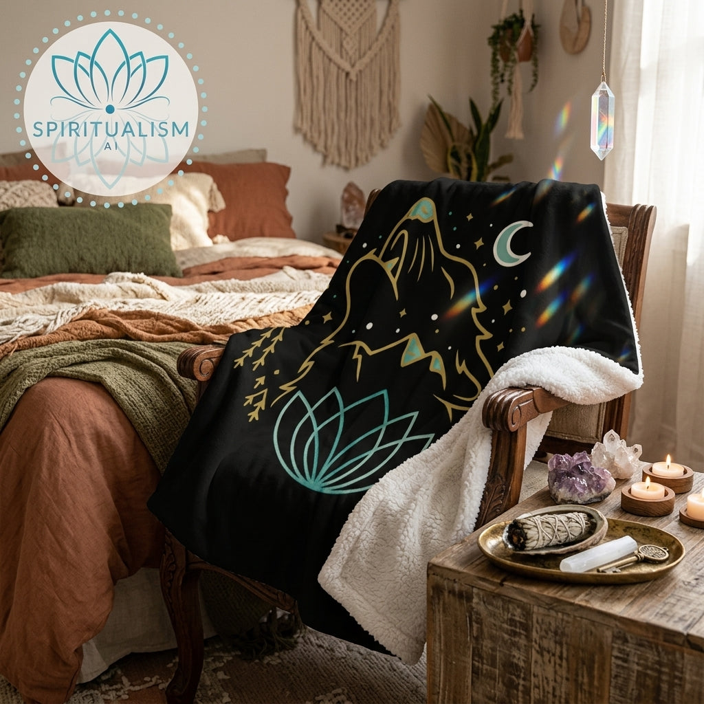 Celestial Wolf Sherpa Blanket | Moon Wolf Cozy Throw | Spiritualism AI