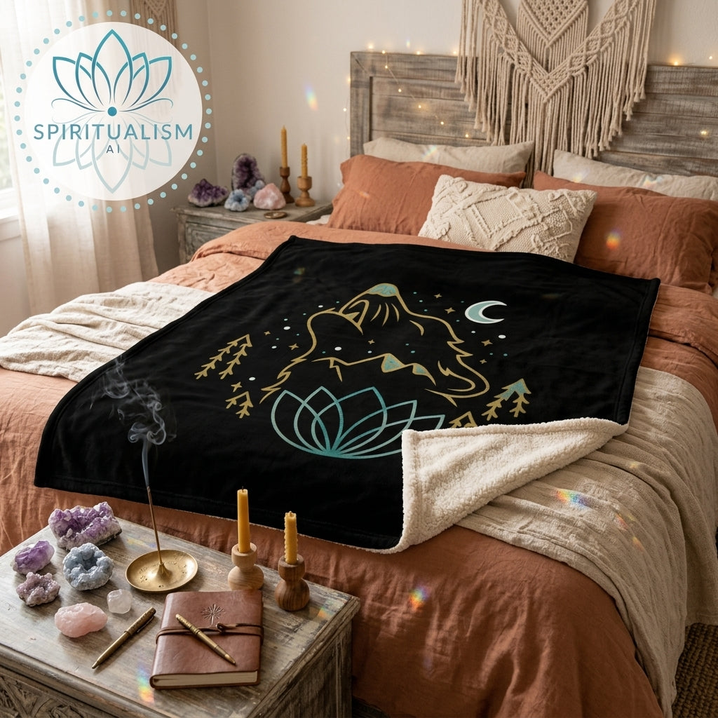 Celestial Wolf Sherpa Blanket | Moon Wolf Cozy Throw | Spiritualism AI