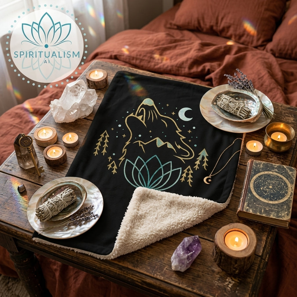 Celestial Wolf Sherpa Blanket | Moon Wolf Cozy Throw | Spiritualism AI